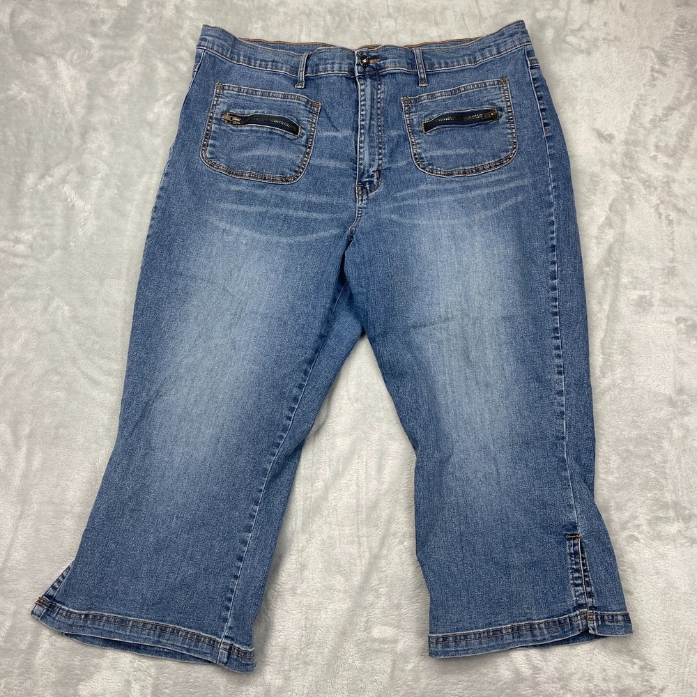 Elite Cropped Jeans Womens 21/22 Blue Denim Faded High‎ Rise Wide-Leg Slit Ankle